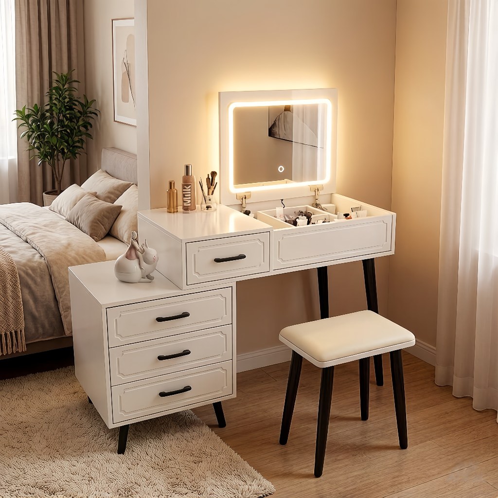 Mesa de Maquiagem com Espelho LED Retrátil e Banco - Penteadeira Moderna com Gaveteiro e Divisórias para Pequenos Espaço em Oferta na Shopee