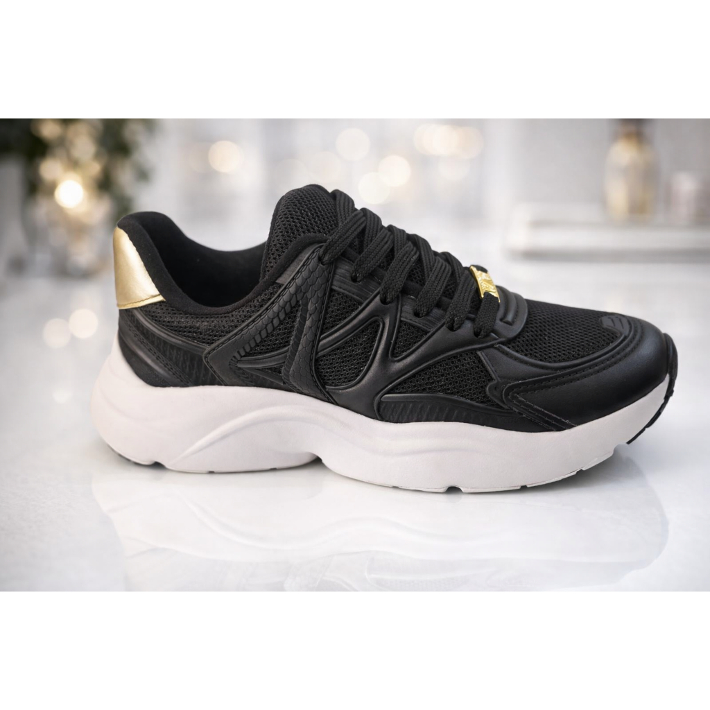 Tênis Feminino Plataforma Preto com Detalhe Dourado Casual Confortável