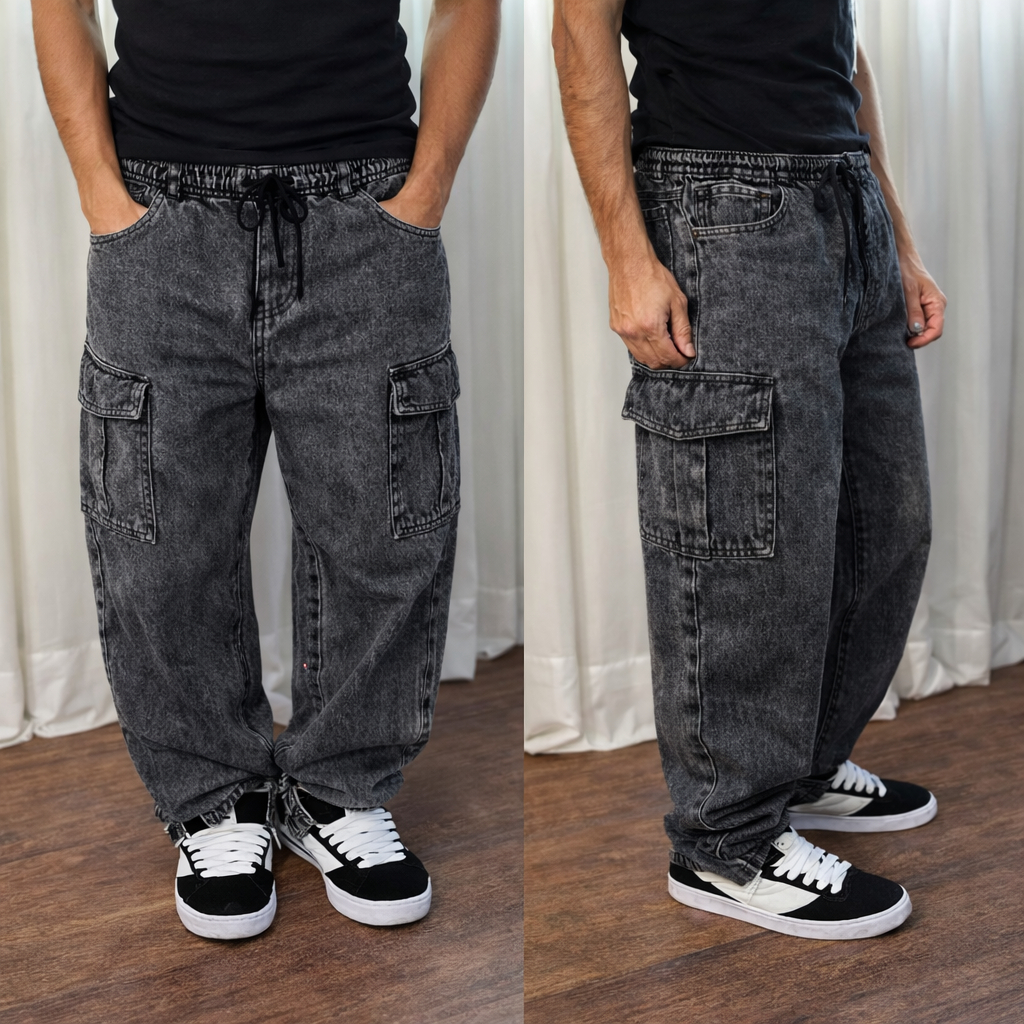 Calças Jeans Balão Cargo Boca Larga Masculinas Bolso Lateral