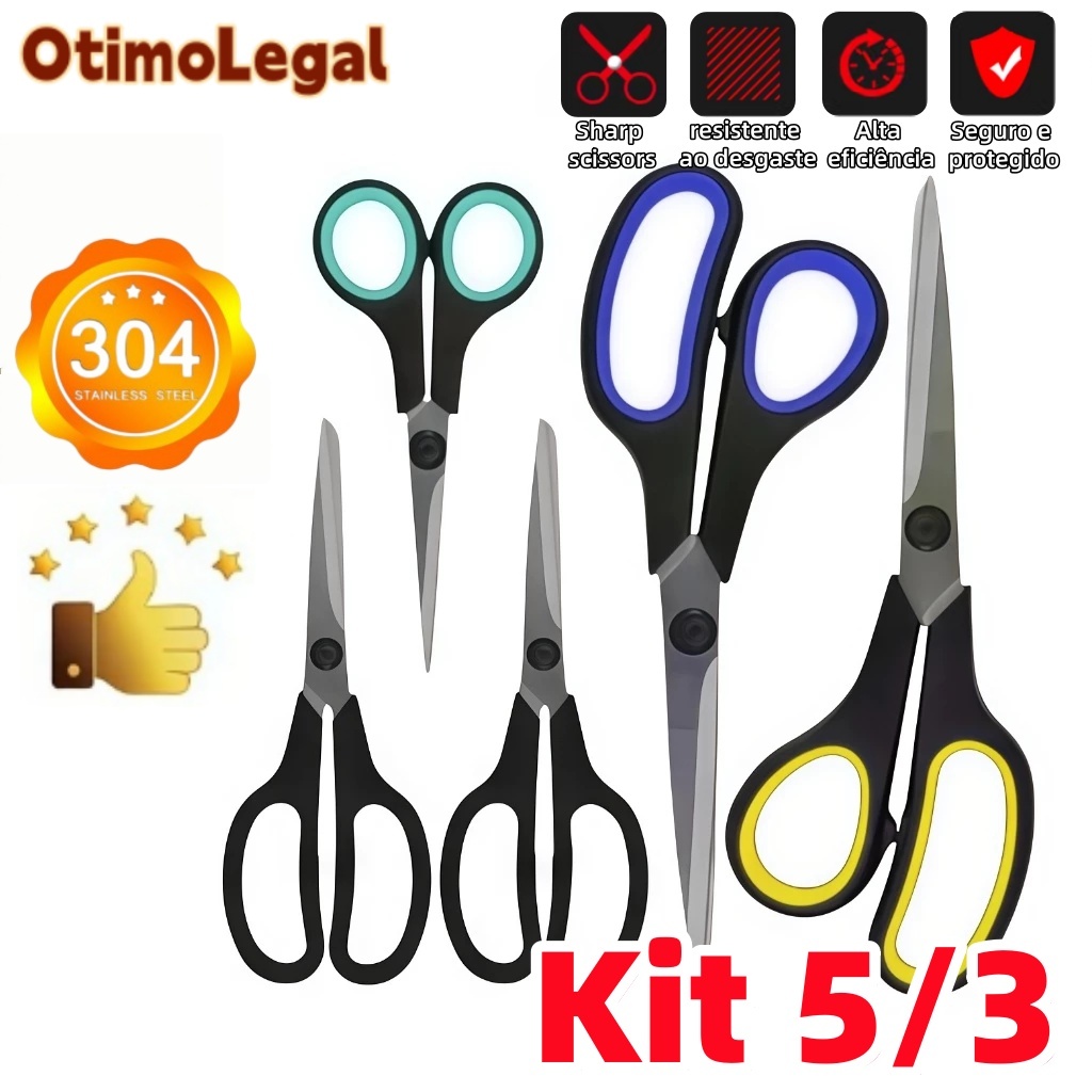 Kit 5/3 Tesouras Afiadas Multiuso Aço Resistente inoxidável Laminado Otimolegal
