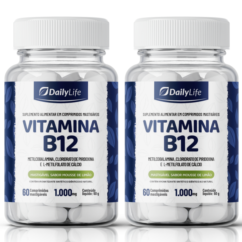 2x Vitamina B12 60 comprimidos Mastigável Energia e Bem-estar Sabor Mousse de Limão Daily Life