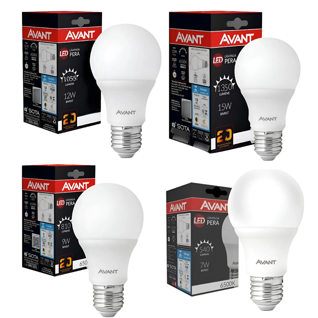 Kit Lâmpada Pera 7W/9W/12W/15W Branca 6500k Luz Branco Frio Soquete E27 -Avant