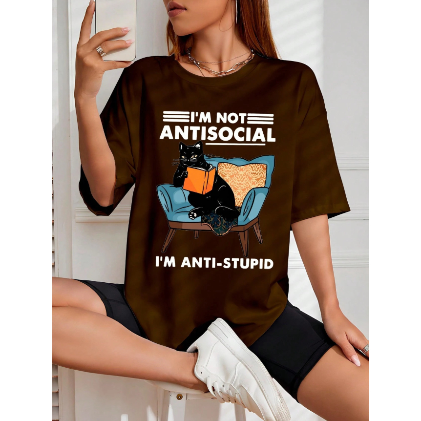 Camisa Camiseta Feinina Oversized Gato Frase Lançamento Cores Variadas Blusa 100% Algodão Leve Confortável