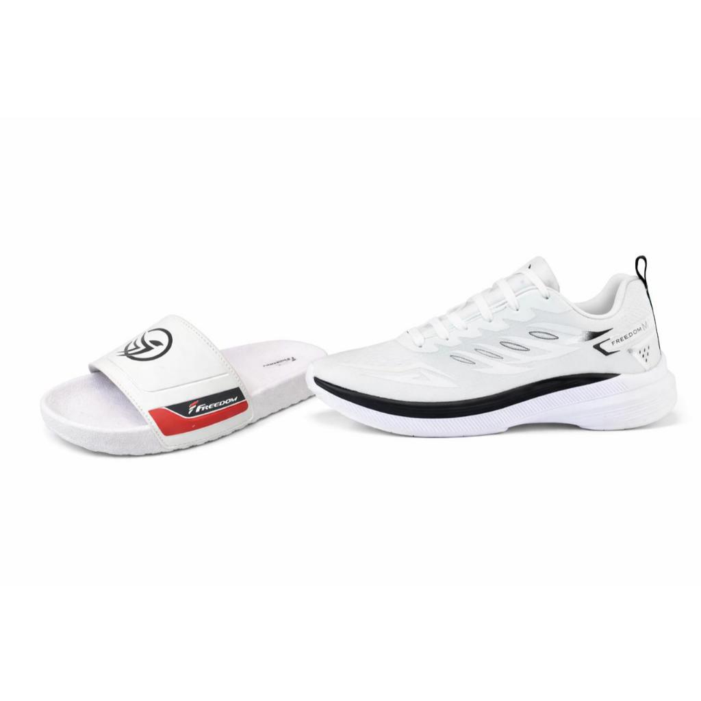 KIT 02 PARES Tenis + CHINELO Masculino Escolar Academia Original FREEDOM Corrida Caminhada Mais Vendido BRANCO E PRETO