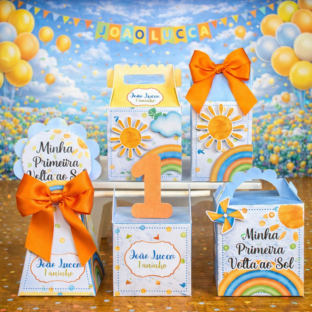 Kit Caixinhas Personalizadas Primeira Volta ao Sol Menino | Pegue e Monte | Lembrancinha Aniversário e Festa Infantil