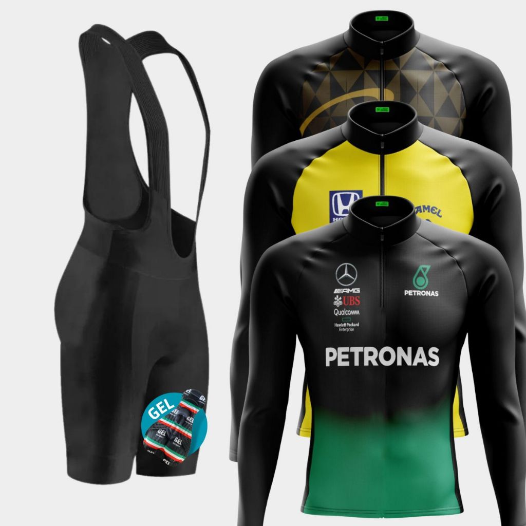 Conjunto Ciclismo Masculino Camisa Manga Longa e Bretelle Com Forro em Gel para Bike Pedal em Oferta na Shopee