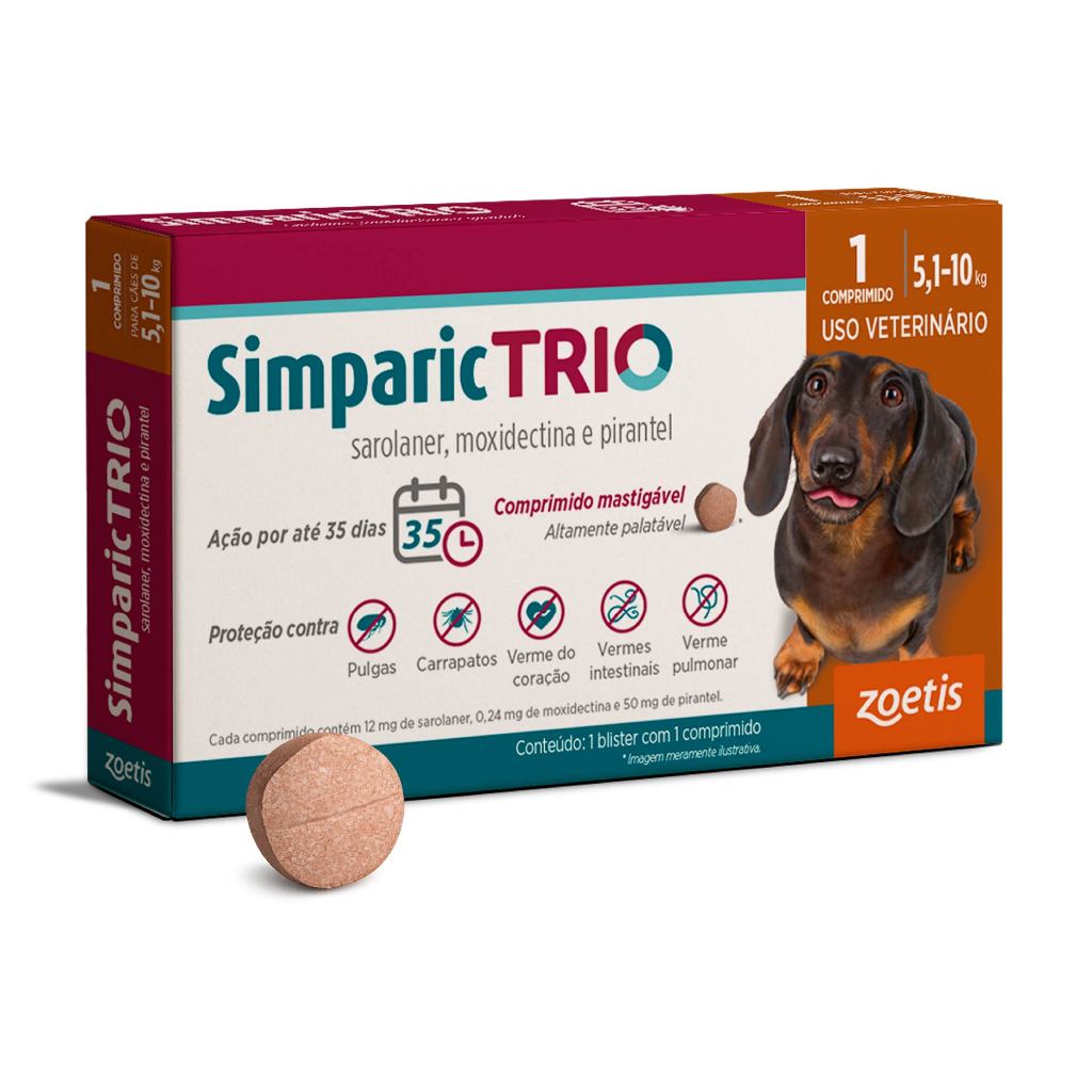 Simparic Trio Antipulgas, Carrapatos e Vermífugo para Cães de 5,1 a 10kg 1 Comprimido 12mg Zoetis