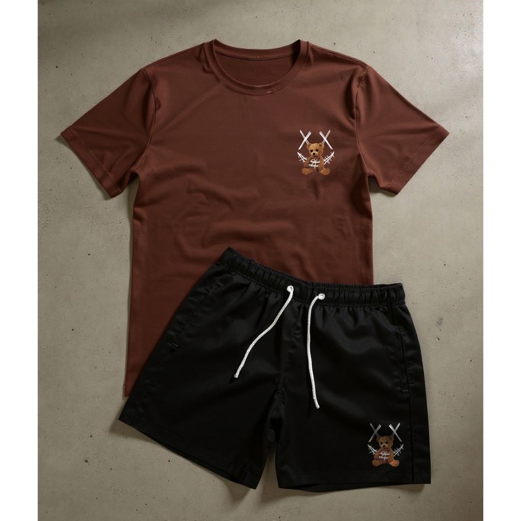 Conjunto Short + Camiseta Kit Masculino Estampado URSO SMILE Esportivo