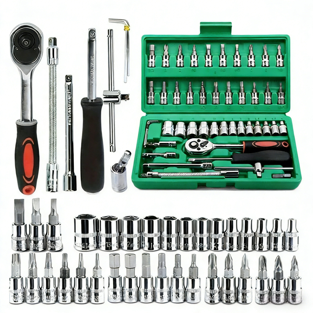 Conjunto de ferramentas de 46 peças (incluindo soquete, chave de catraca reversível e caixa de ferramentas) - Conjunto c