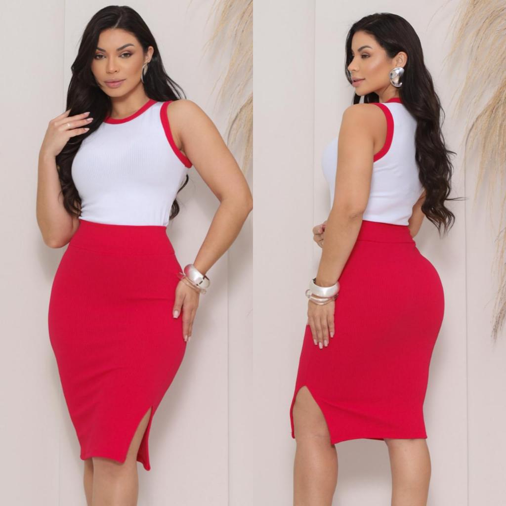 Conjunto Feminino Saia Midi + Regata Canelada Look casual Elegante Tecido Confortável Perfeito para Dia a Dia