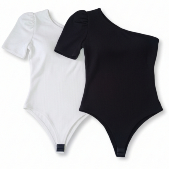 Kit 2 Bodies Femininos Canelados Ombro Só Manga Bufante Elegante