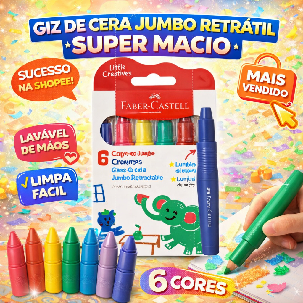 Giz de Cera Jumbo Faber Castell 6 Cores Supermacio Lavável Retrátil Infantil Escolar em Oferta na Shopee