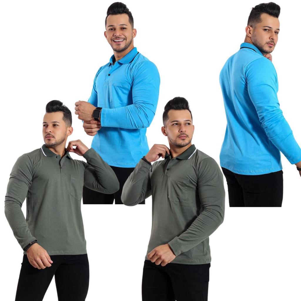 KIT 4 CAMISA CAMISETA GOLA POLO MANGA LONGA COM BOLSO ALGODÃO MALHA FIO 30 ESTILO CASUAL MODA MASCULINA