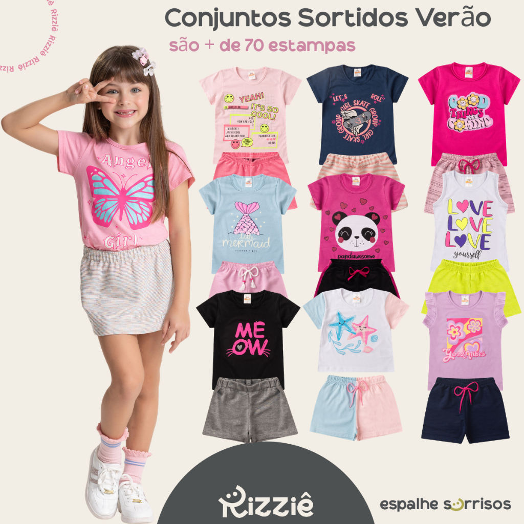 Kit Sortido 8 ou 12 Peças de Roupas Verão Menina Sortido  Blusa + Short  Estampas Variadas Algodão  Do 2 ao 14