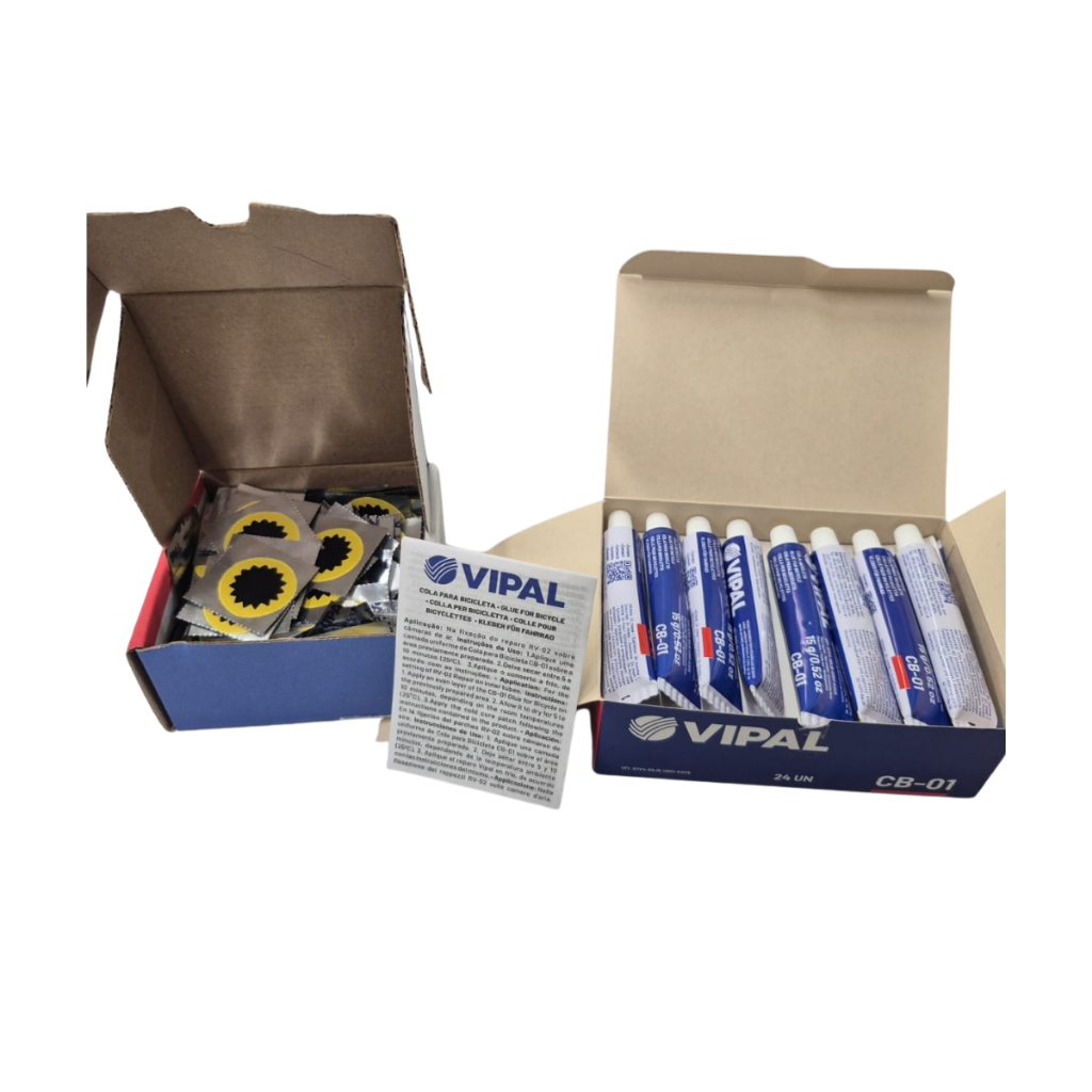Kit remendo + cola bicicleta / moto NOVO VIPAL caixa fechada - 195 remendos e 24 colas em Oferta na Shopee