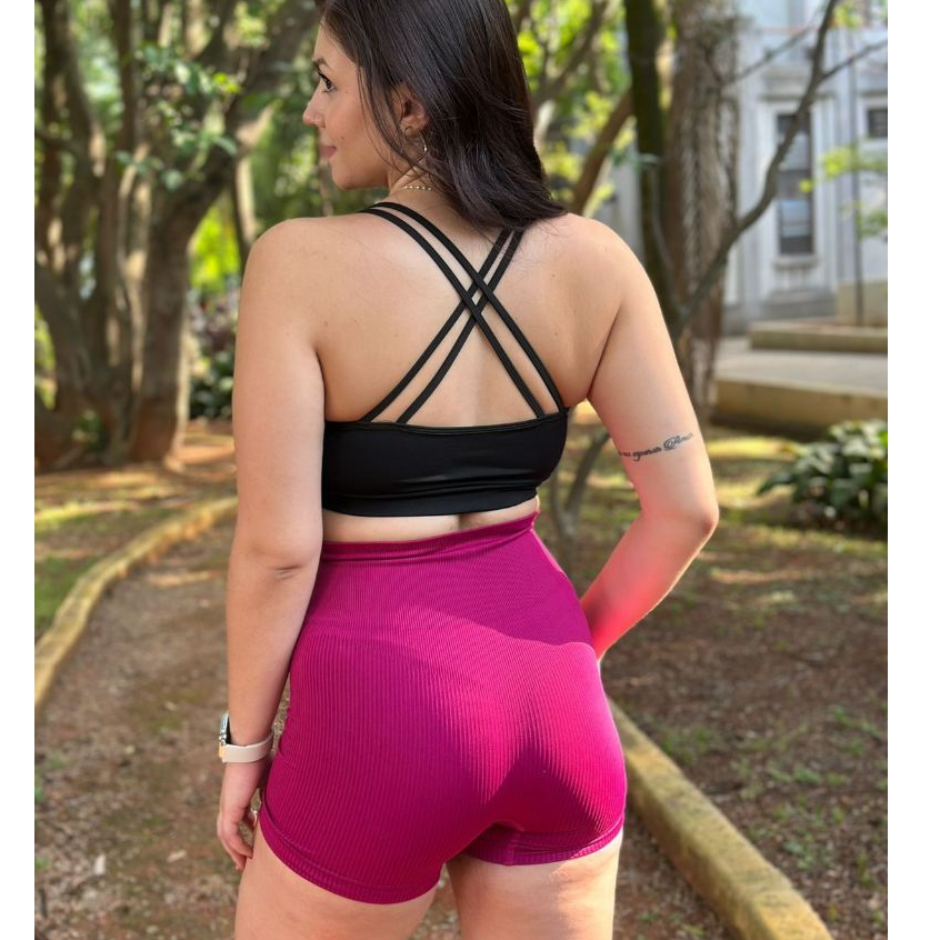 Short Fitness Feminino Cintura Alta Canelado Academia Zero Transparência Modelador Academia Compressão Confortavel
