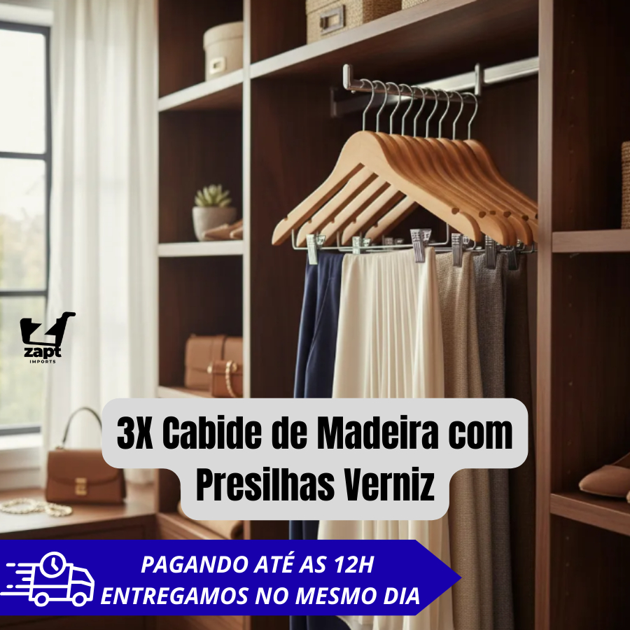 3x Unidades Cabide de Madeira com Presilha Presilhas Envernizado Verniz Roupas Calças Vestido Closet