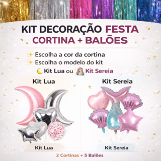 Kit 2 Cortinas Metalizadas Holográficas + Balão Metalizado Sereia ou Lua – Decoração Festa em Oferta na Shopee