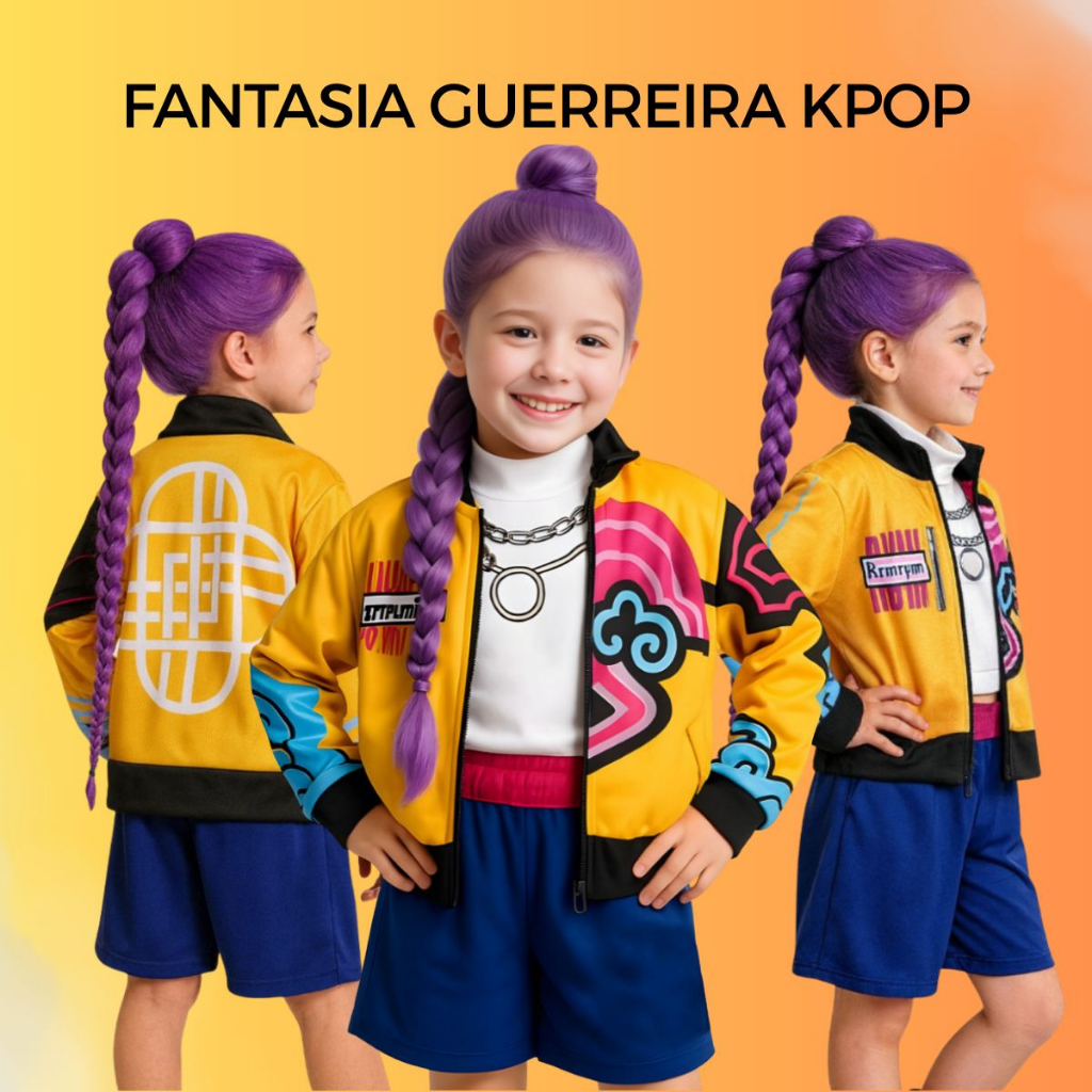 Fantasia Guerreiras Kpop Infantil Rumi Guerreira K-Pop Luxo Dança Show Menina Carnaval Dia Das Crianças
