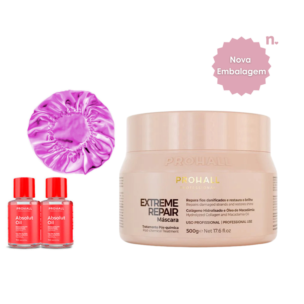 Máscara Extreme Repair Prohall 500g +Touca +2 ÓleoArgan7ml