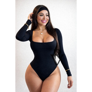 Body Manga Longa Decote Quadrado Collant Com Fecho em Oferta na Shopee