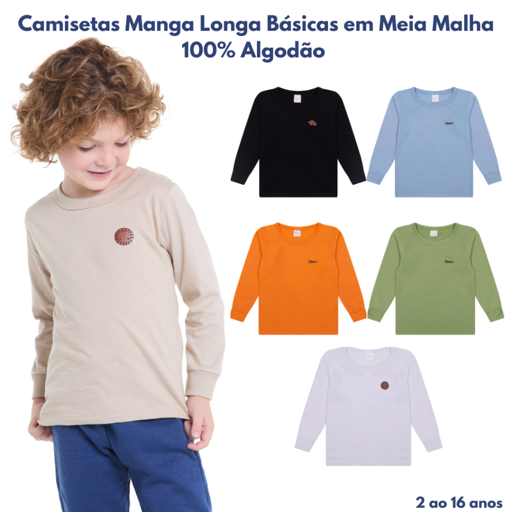Kit 2 Camiseta Manga Comprida em Meia Malha Premium Juvenil e Infantil com Aplique 2 ao 16 anos em Oferta na Shopee
