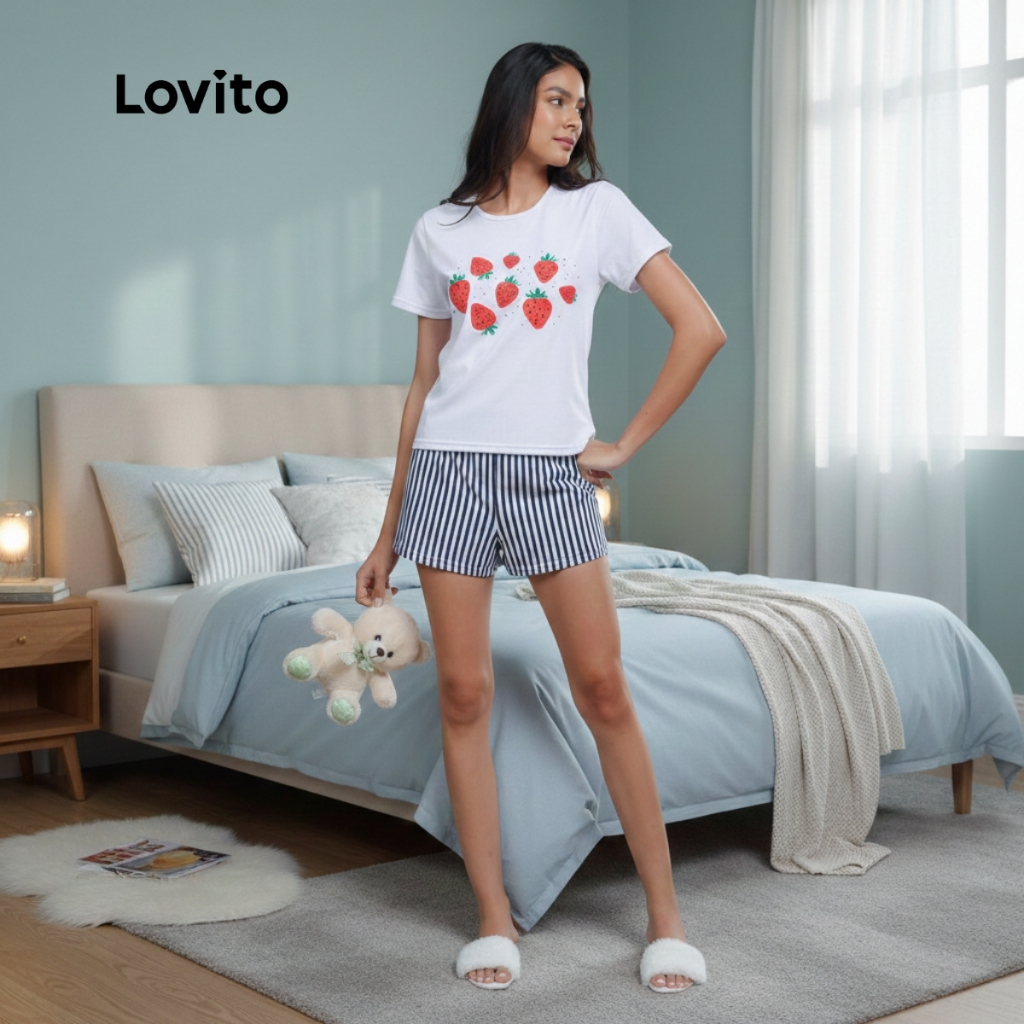 Lovito Conjunto de Pijama Feminino Curto com Estampa Morangos e Listras KPB1202BRL1232 em Oferta na Shopee