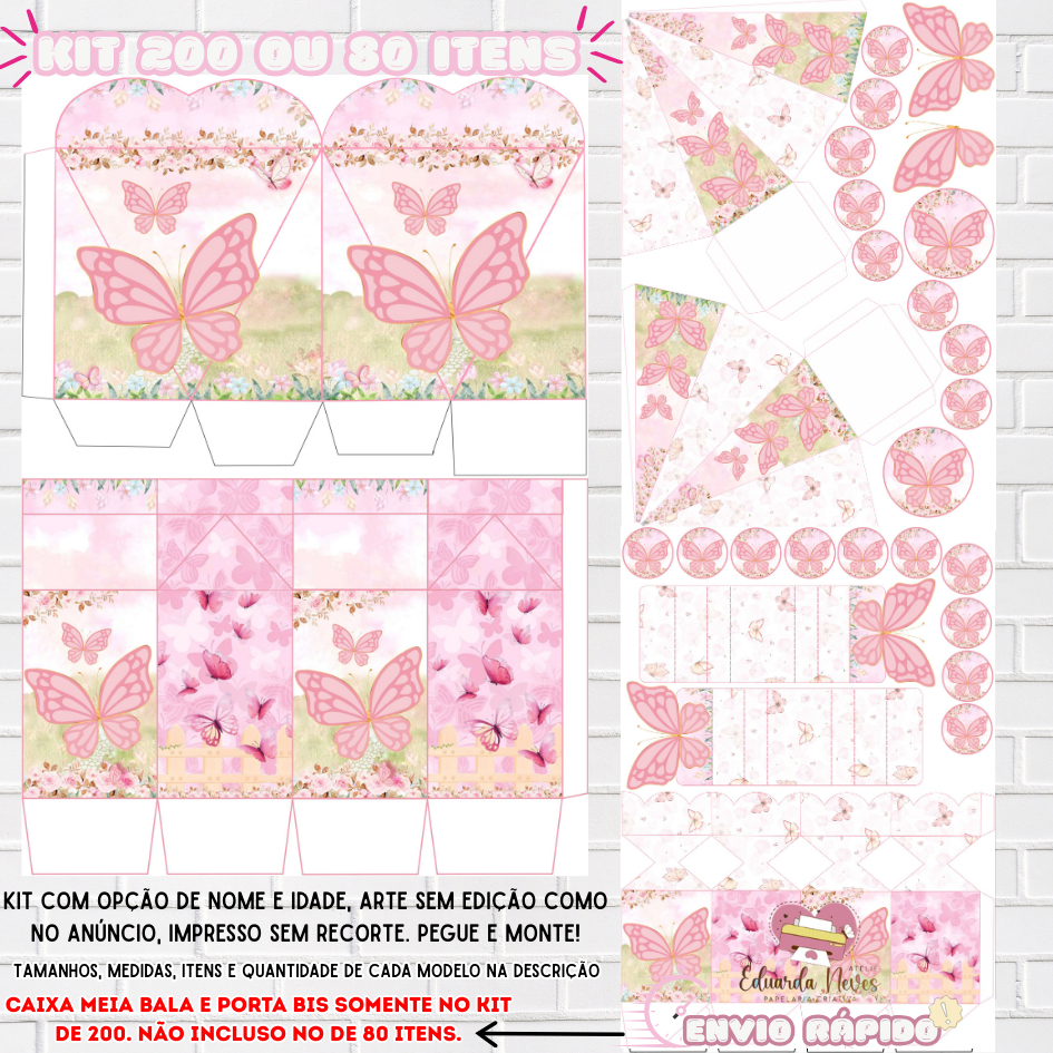 KIT LEMBRANCINHAS PARA FESTA(200/80)(CAIXAS, APLIQUES E TAGS)(COM/SEM NOME)TEMA:JARDIM DAS BORBOLETAS em Oferta na Shopee