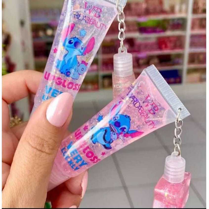 Lip Gloss Stitch com Glitter + Chaveiro Pingente Stitch – Brilho Intenso e Hidratação