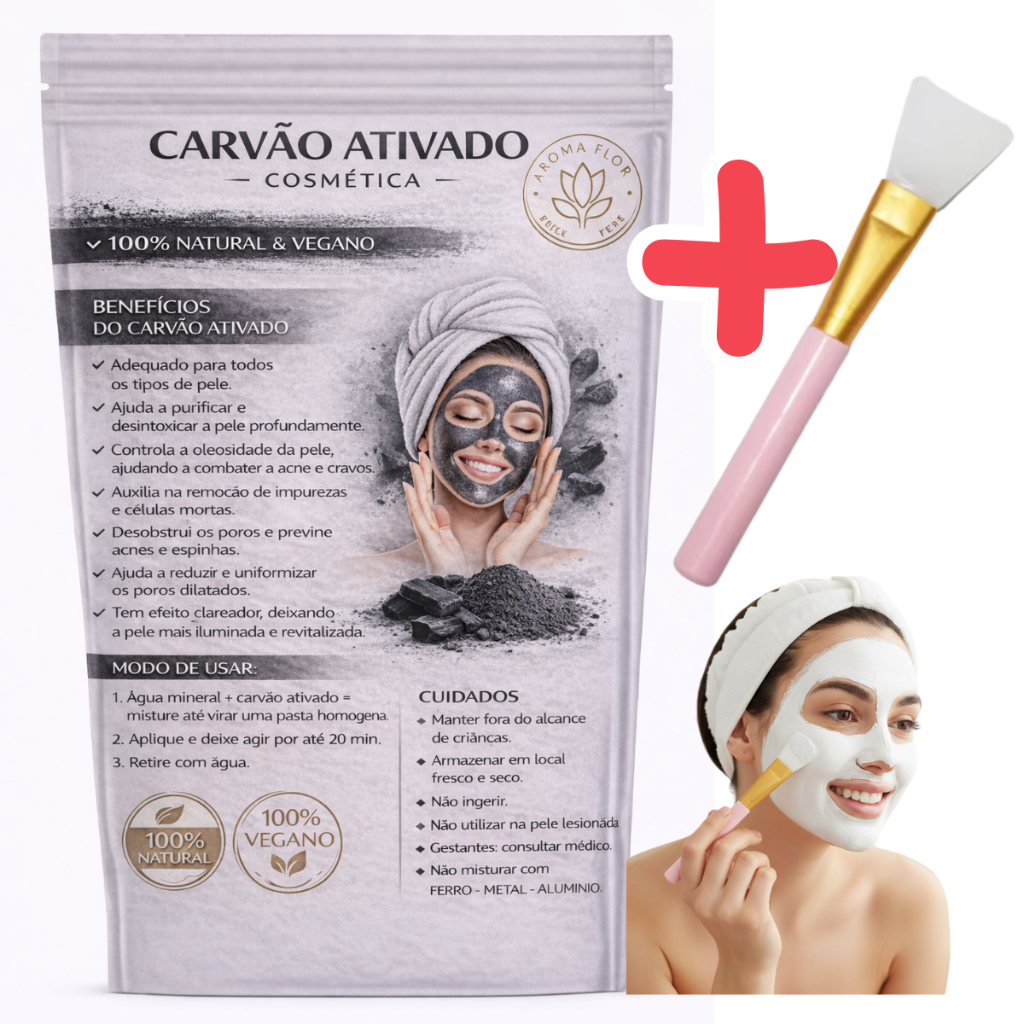 Carvão Ativado em Pó 100% Natural 50g Uso Cosmético Para Todos os Tipos de Pele + Pincel de Silicone