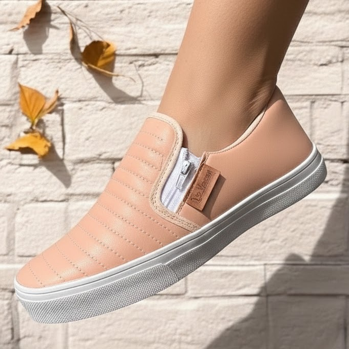 Tênis Sapatilha Slip On Feminino Zíper Bordado Listras Casual Calce Fácil Confortável em Oferta na Shopee