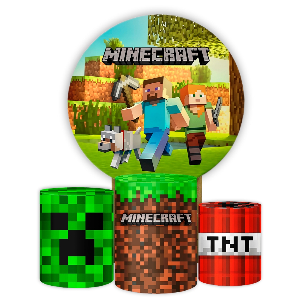 Kit  Decoração Festa de Aniversário Minecraft Capa Painel Grande + Capa Cilindros P M G  Veste Fácil