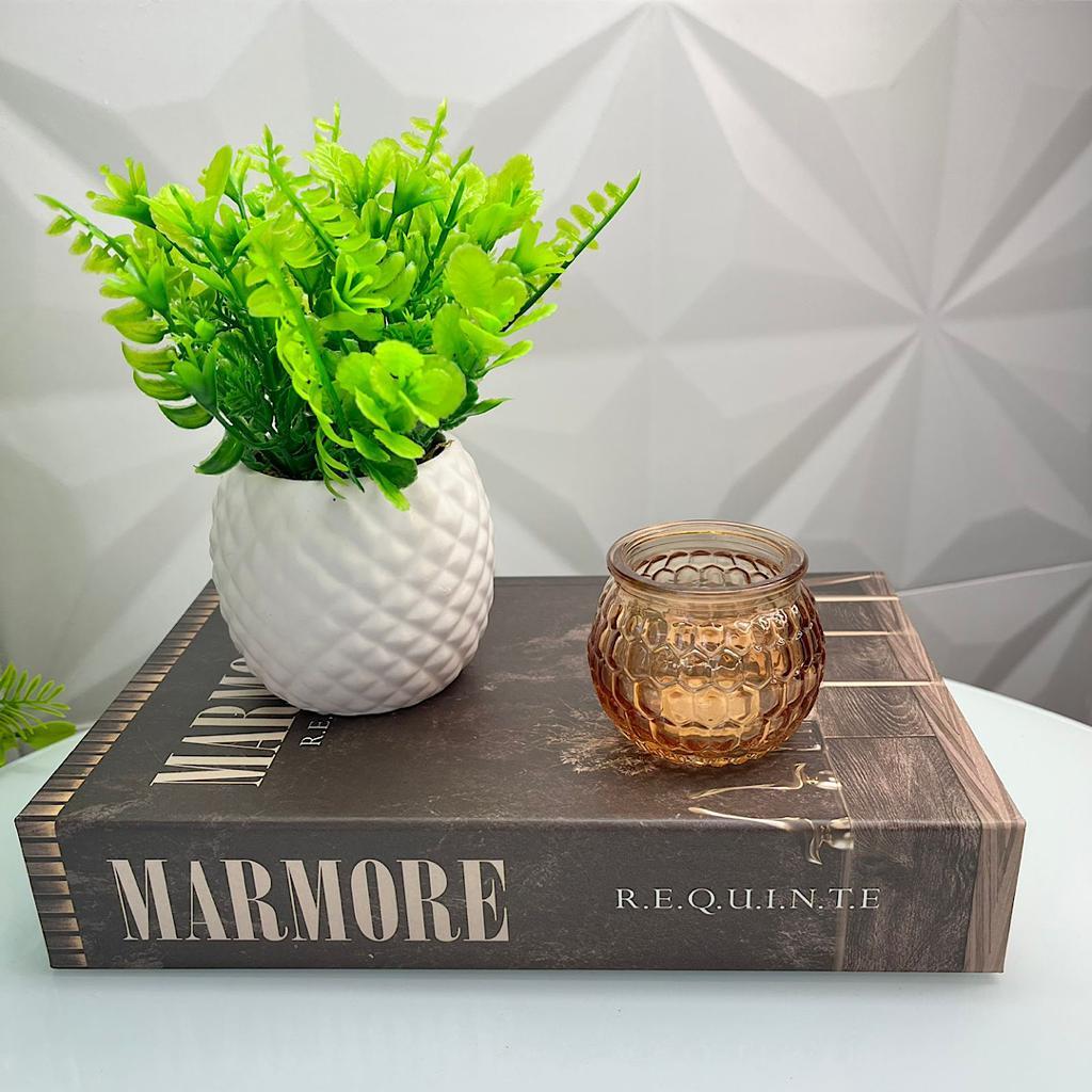 Kit livro fake marrom + vaso branco + castiçal de vidro moderno decorativo