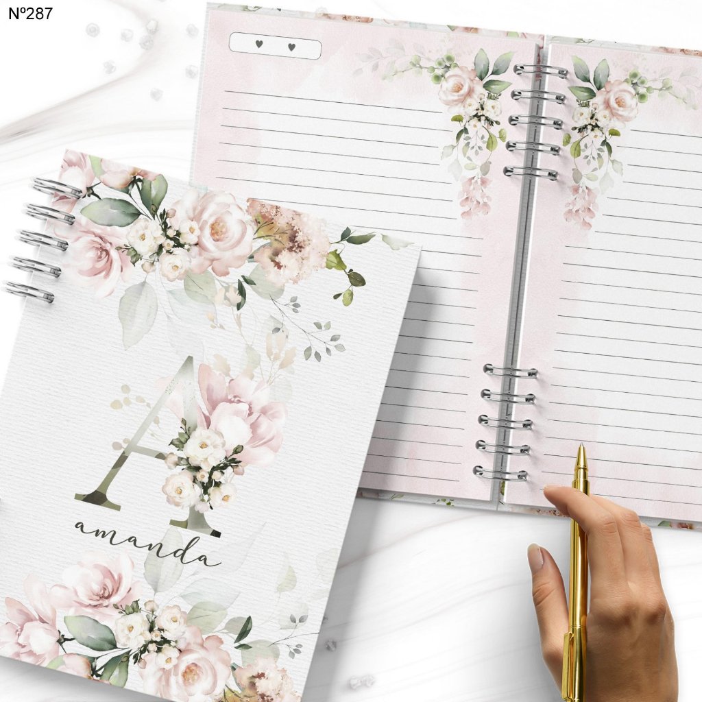 Caderno Alfabeto Floral Rosa Bege - Capa dura Laminada - 200 páginas