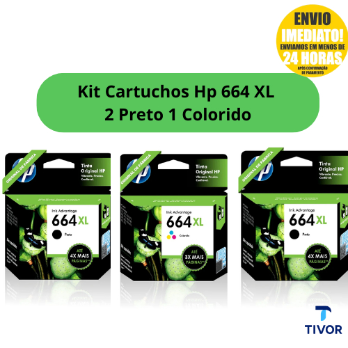 Kit 03 Cartuchos 664XL  2 Pretos 1 Colorido Original Lacrado Para Impressoras 𝗗𝗲𝘀𝗸𝗝𝗲𝘁 𝟭𝟭𝟭𝟬,𝟭𝟭𝟭𝟱,𝟮𝟭𝟯𝟬, 𝟮𝟭𝟯𝟱,𝟮𝟭𝟯𝟲,𝟮𝟲𝟳𝟲,