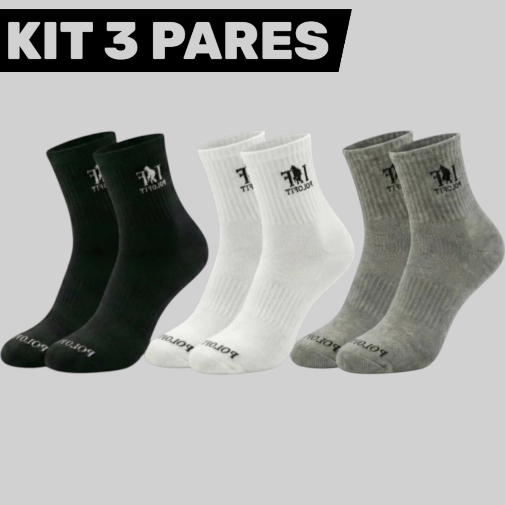 Kit 3 Pares Meia Cano Médio Alto Masculina Algodão Esportiva Atoalhada Unissex Polo Fit