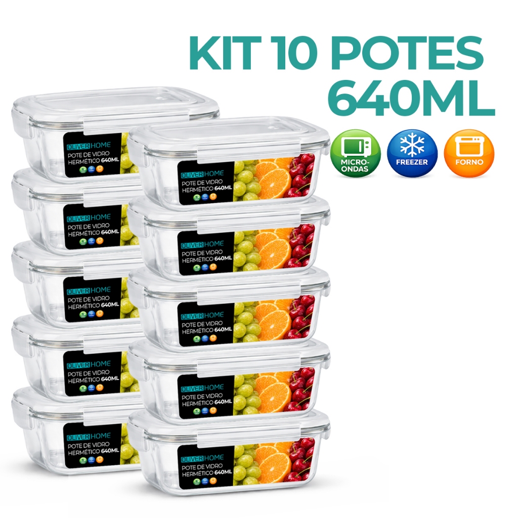 Kit Potes de Vidro 640ml/340ml Hermético Marmita Fit com Tampa 4 Travas em Oferta na Shopee