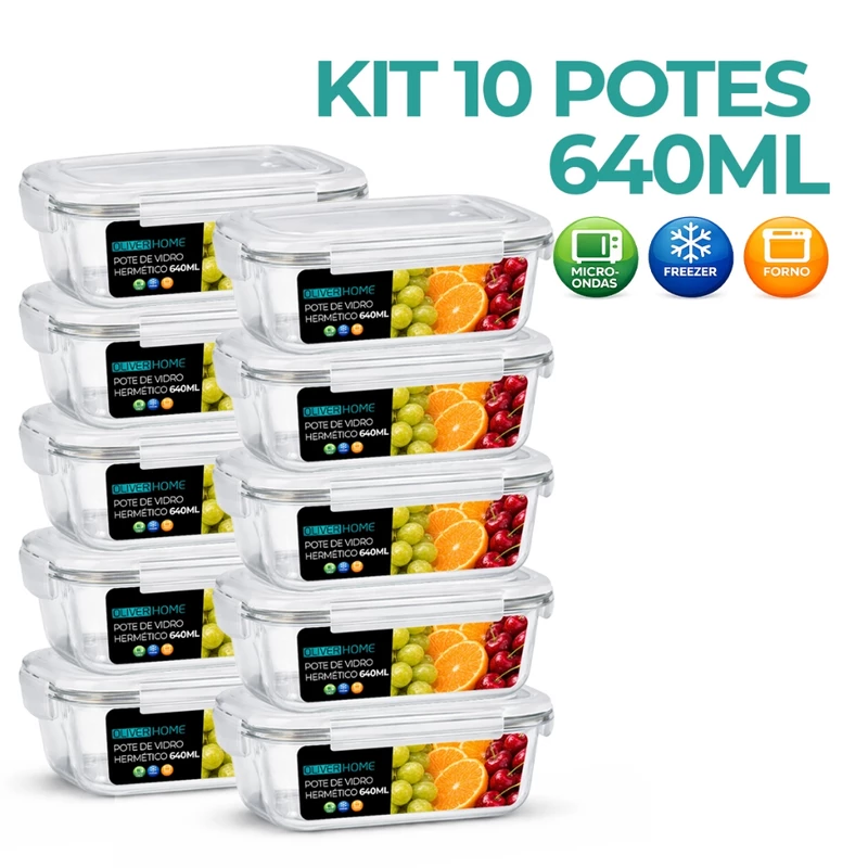 Kit com 4 Potes de Vidro Herméticos 640ml