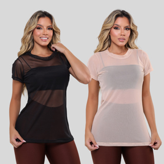 Kit 2 Blusa Feminina Moda Academia Transparente Fitness Tule Luxo em Oferta na Shopee