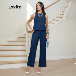 Lovito Conjunto Top e Calça Longa Moda Confortavel Feminino Outono BRPSB643BRL673