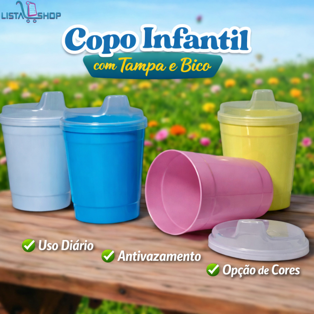 Copo Infantil Antivazamento com Tampa e Bico 250ml para Creche e Escola Bebê Transição| Escolha 1–10 Unidades em Oferta na Shopee