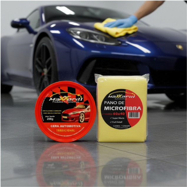Cera Automotiva E Pano Microfibra MaxxBrill Kit Proteção Polimento Brilho Intenso