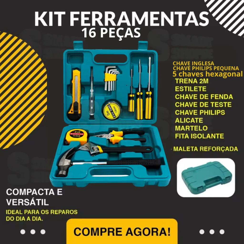 Kit De Ferramentas 16 Peças Com Maleta E Itens Essenciais Para Reparos