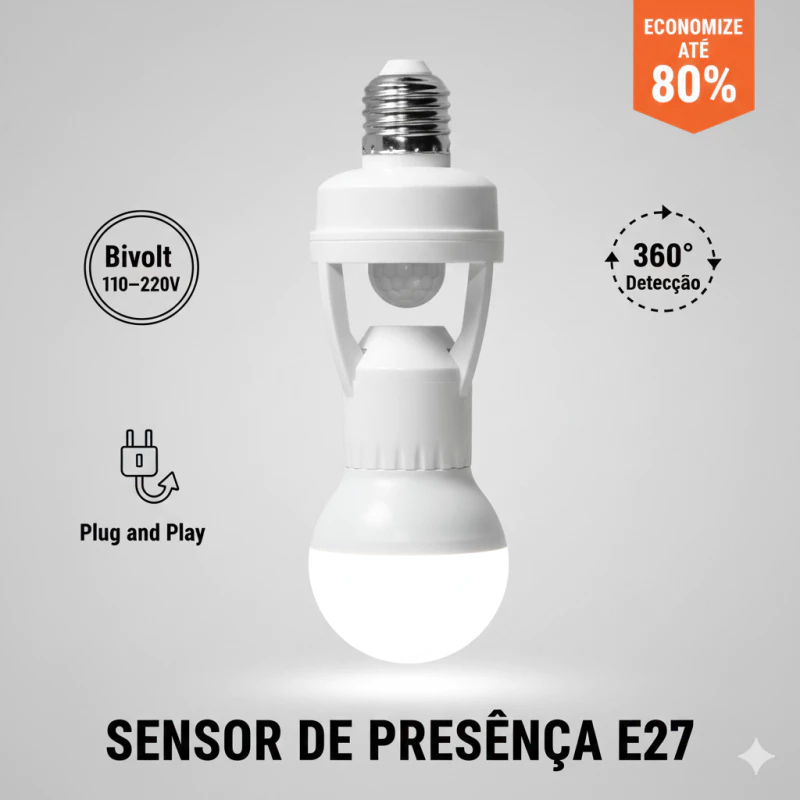 Sensor De Presença e movimento Com Fotocélula Para Lâmpada Soquete E27 Bivolt 360 Graus