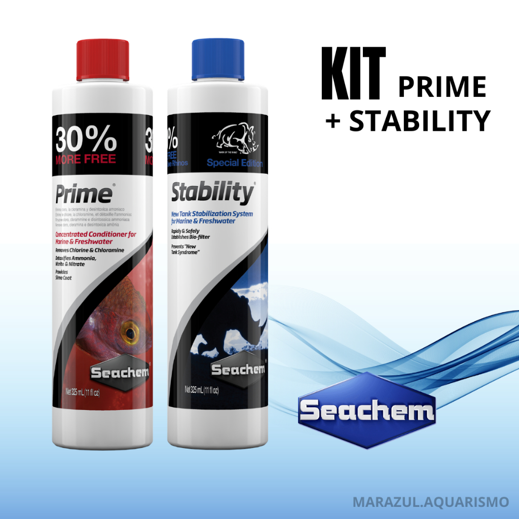 Kit Seachem Prime + Stability Removedor de Cloro e Acelerador Biológico para Aquários, Lago e Fontes em Oferta na Shopee