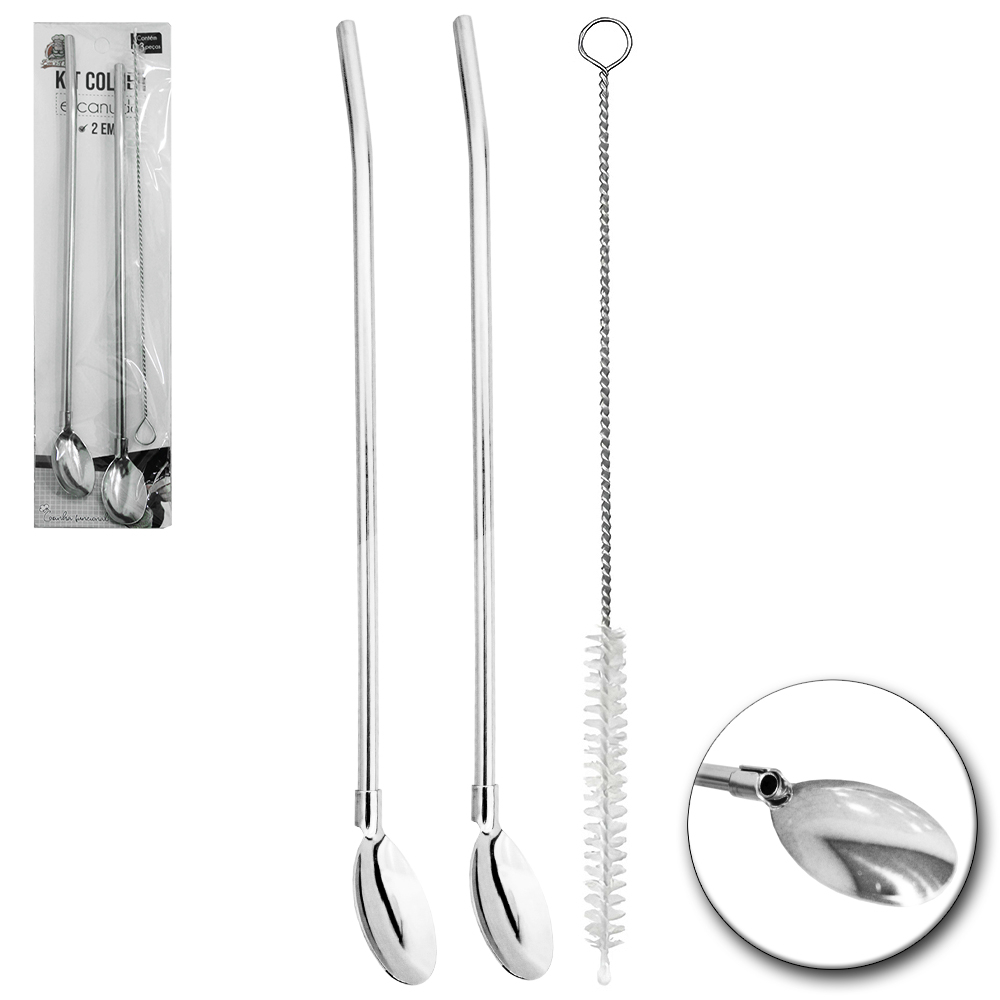 Canudo Colher Bailarina Aço Inox Kit 2 Peças  + 1 Escova Higiênica Ideal para Caipirinha, Milk-shake e Gin