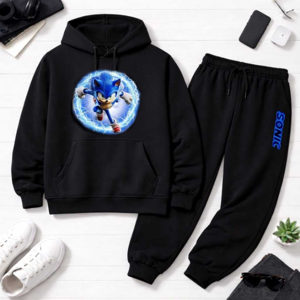 Conjunto de Moletom Infantil Blusa e Calça Abrigo Inverno Estampado Sonic Agasalho Capuz