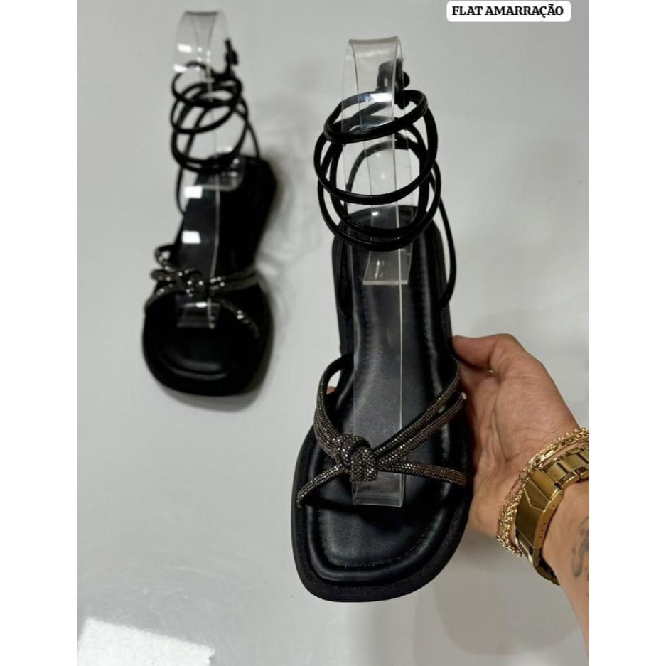 Sandália Rasteirinha Feminina Flat Amarração Strass Brilho Bico Quadrado Tendência Moda
