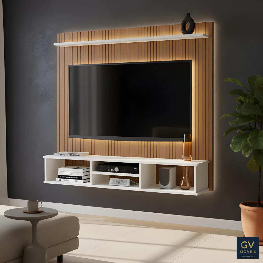 Painel para TV Até 50 Polegadas Ripado Florença  - Moderno e Elegante com Prateleiras e Nichos, Ideal Para Sala e Quarto