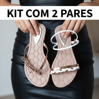 Kit 2 Sandálias Rasteirinhas Femininas Pedraria Borboleta Laço Pérola Kit Rasteirinha Lisa e Brilho